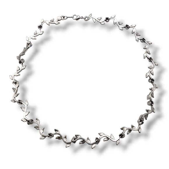 Silver Tone Leaf Vine Link Blue Rhinestone Collar Necklace Nice 18KTCH MCM Retro - Picture 10 of 11